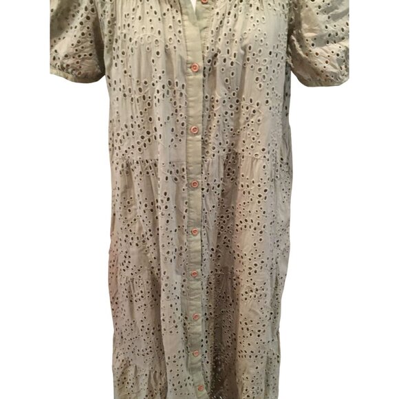 Happy Threads Eyelet Green Button-Down Dress Short Puff Sleeves Large - Picture 3 of 7